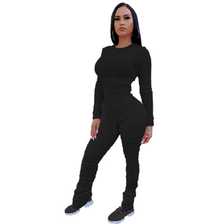 Spot Pants European and American spring summer women's fashion pleated solid color long sleeve suit