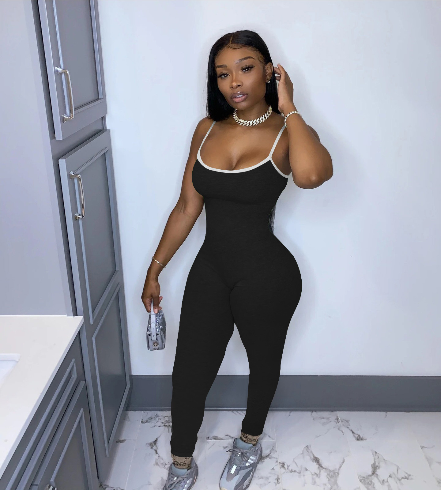 2XL Summer Women solid color sling Jumpsuits casual fitness Rompers sleeveless black skinny bodysuits grey sports stack pants leggings 3638