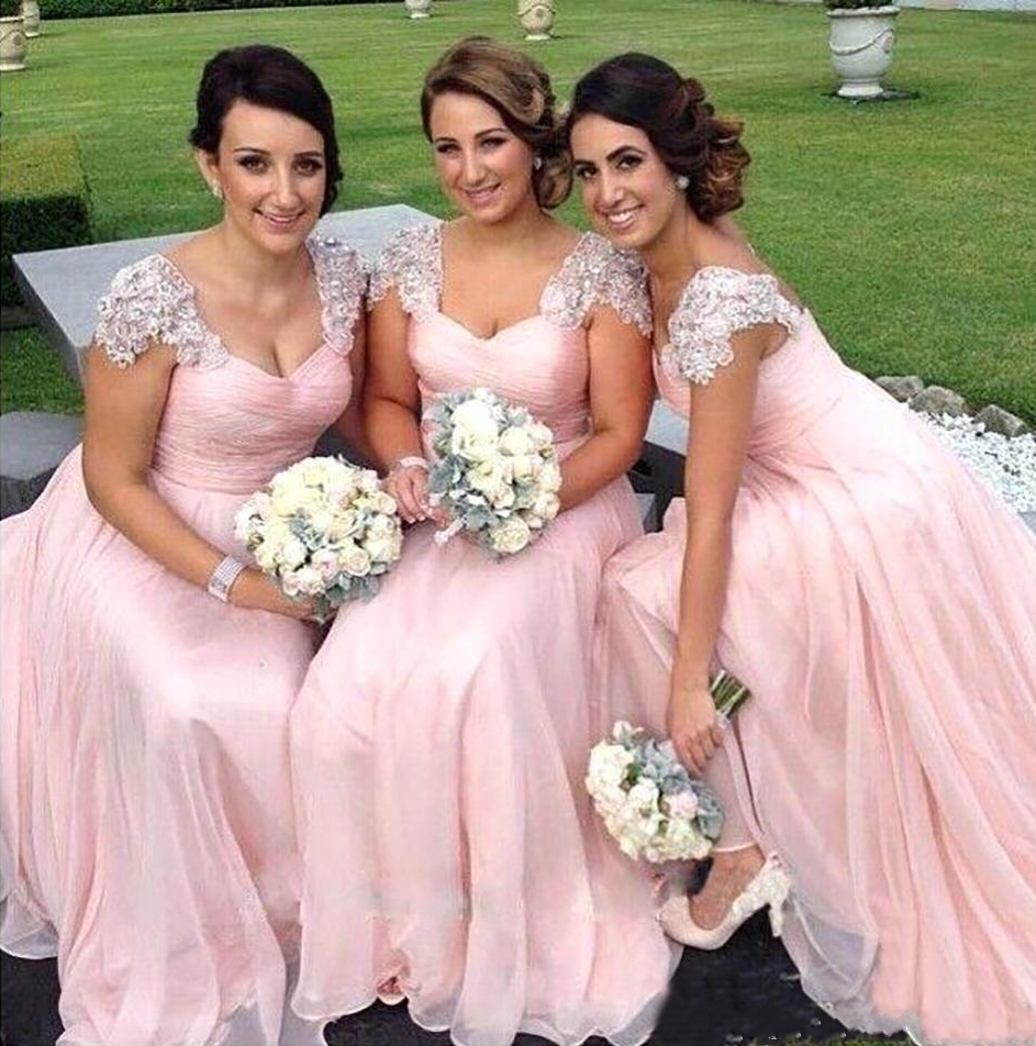 Elegant Meat Pink Bridesmaid Dresses Long Chiffon Gown Tan Country Style Beach Maid Of Honor Party Gowns Wedding Formal Wear