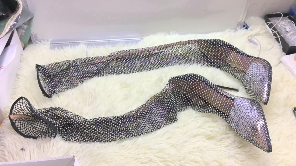 Hot Woman Black Bling Bling PVC Clear Sequins Diamond Fishnet Cuts Out Pointed Toe Heel-Strap Over The Knee Thigh Socks Boots CX200821