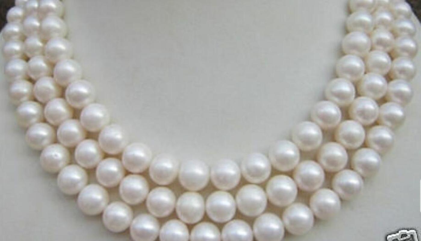 9-10MM NATURAL PERFECT ROUND WHITE PEARL NECKLACE 50" Yellow Clasp
