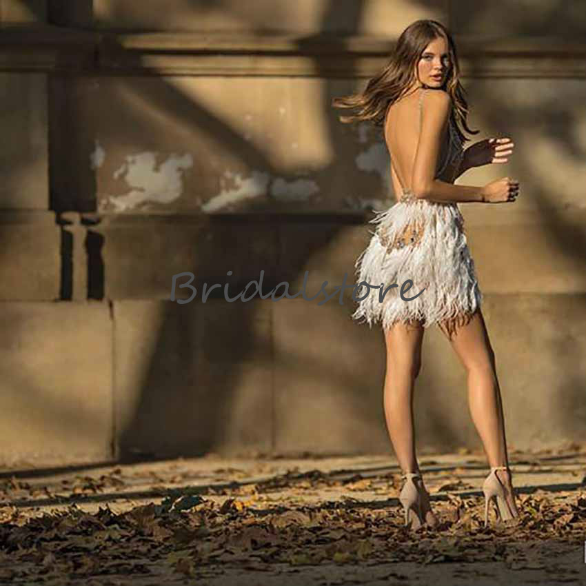 Sexy Ogstuff Short Prom Dresses Deep V Neck Spaghetti Straps Backless Short Formal Evening Dreses 2020 Beaded Crystal Cocktail Party Skirts