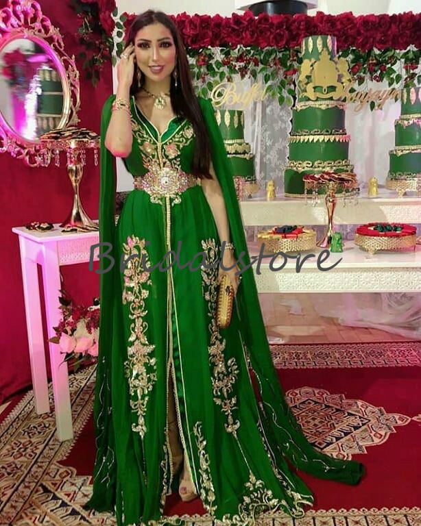 Vintage Green Caftan Abaya Evening Dresses Sexy V Neck Beaded Crystal Prom Dress 2020 Luxury Muslim Formal Party Gowns robes de soirée Cheap