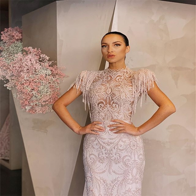gorgeous newest mermaid evening dress highneck appliqued beads tassel formal prom dress designer hot sale custom made runway fashion dress