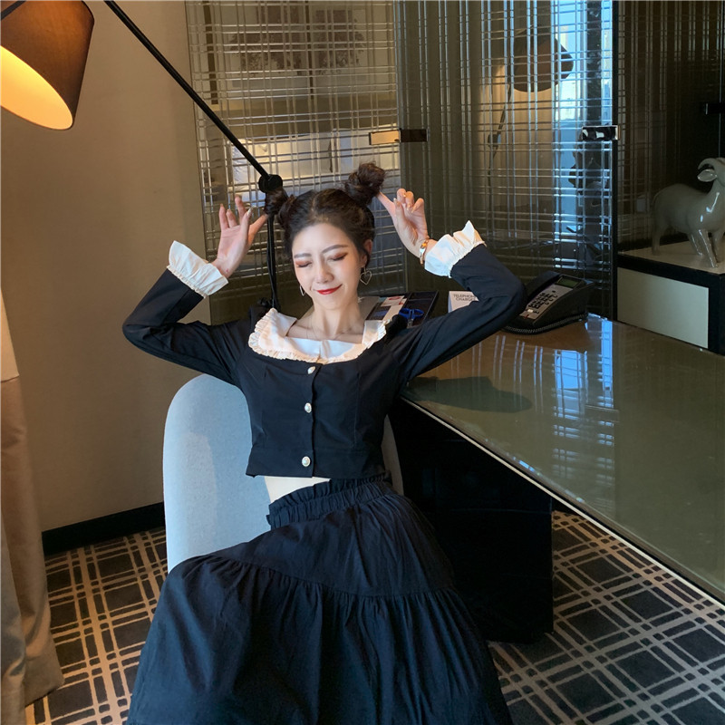 Two Pieces Court Retro Black Outfits Dress Suits Harajuku Lolita Sweet Skirt Sets 2PC Peter Pan Collar Shirts&A Line Skirt Suits
