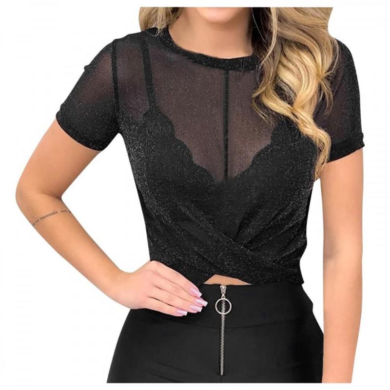 Women's T-Shirt Women Fashion Sexy O Neck Short Sleeve Vest Summer Transparent Tank Tops Tshirt