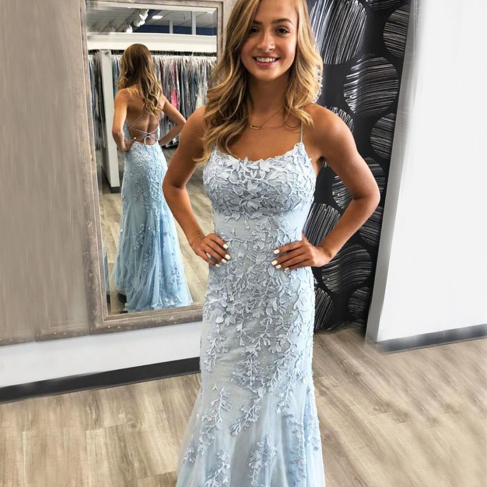Light Blue Lace Evening Dress Mermaid Halter Neck Prom Gown Simple Women Sexy Straps Open Back Tail Party Dress Long Plus Size