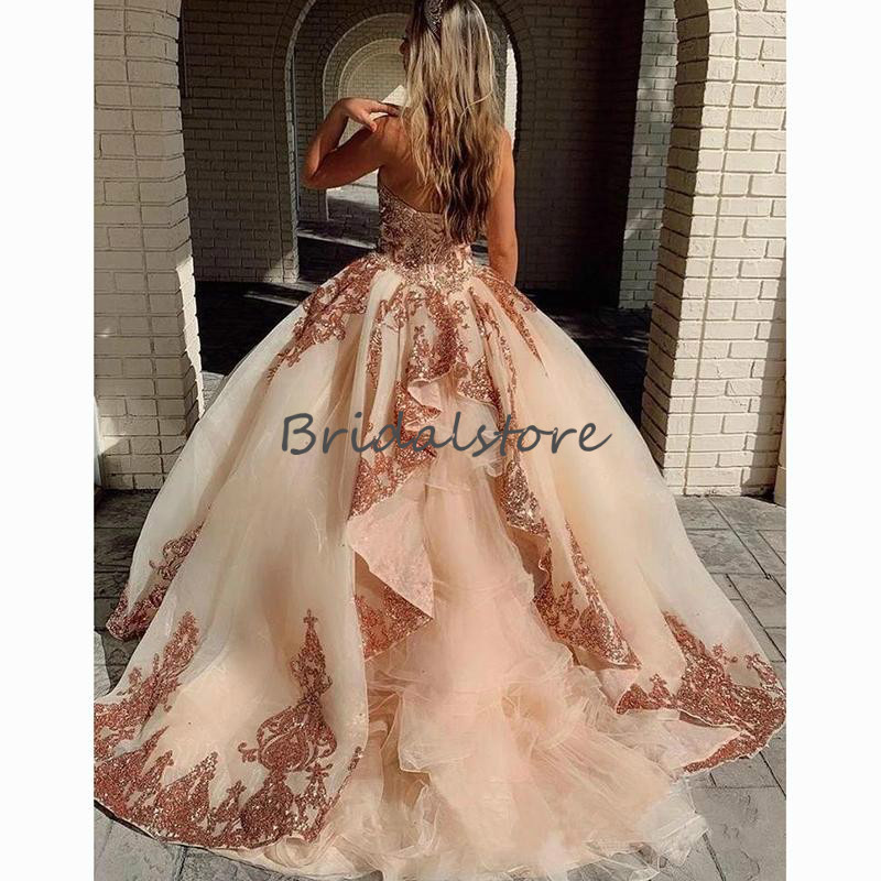Sparkly Rose Gold Sequin Quinceanera Dresses Organza Puffy Ball Gown Sweet 16 Dress 2021 Sweetheart Beaded Crystal Corset Back Brithday Gown