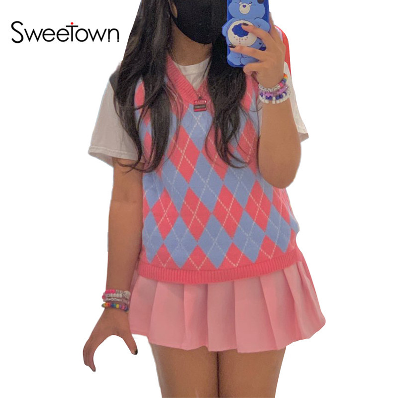 Sweetown Argyle Plaid Pink Sweet Knitted Sweater Vest Female Preppy Style Y2K Clothes V Neck Casual 90s Knitwear Autumn Winter 200924