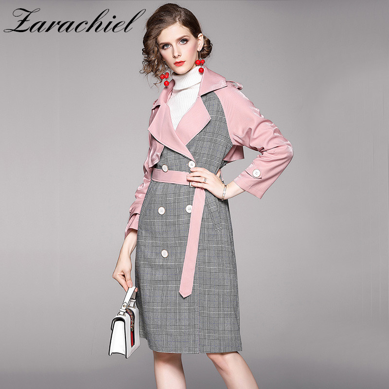 2020 Autumn Patchwork Double-Breasted Plaid Trench Coat Women Long Sleeve Notched Vintage Long Overcoat Windbreaker With Belt, Pink
2020 Autumn Patchwork Double-Breasted Plaid Trench Coat Women Long Sleeve Notched Vintage Long Overcoat Windbreaker With Belt, Pink