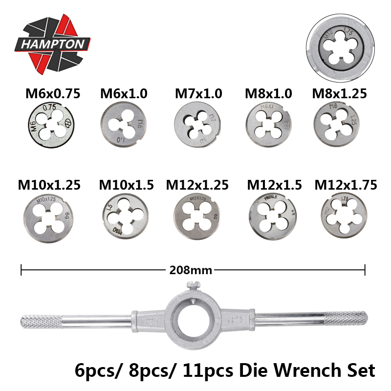 Hampton 6pcs/8pcs/11pcs Thread Die Wrench Set M3 M4 M5 M6 M7 M8 M10 M12 Metric Screw Die Adjustable Hand Tools Plug Taps
Hampton 6pcs/8pcs/11pcs Thread Die Wrench Set M3 M4 M5 M6 M7 M8 M10 M12 Metric Screw Die Adjustable Hand Tools Plug Taps