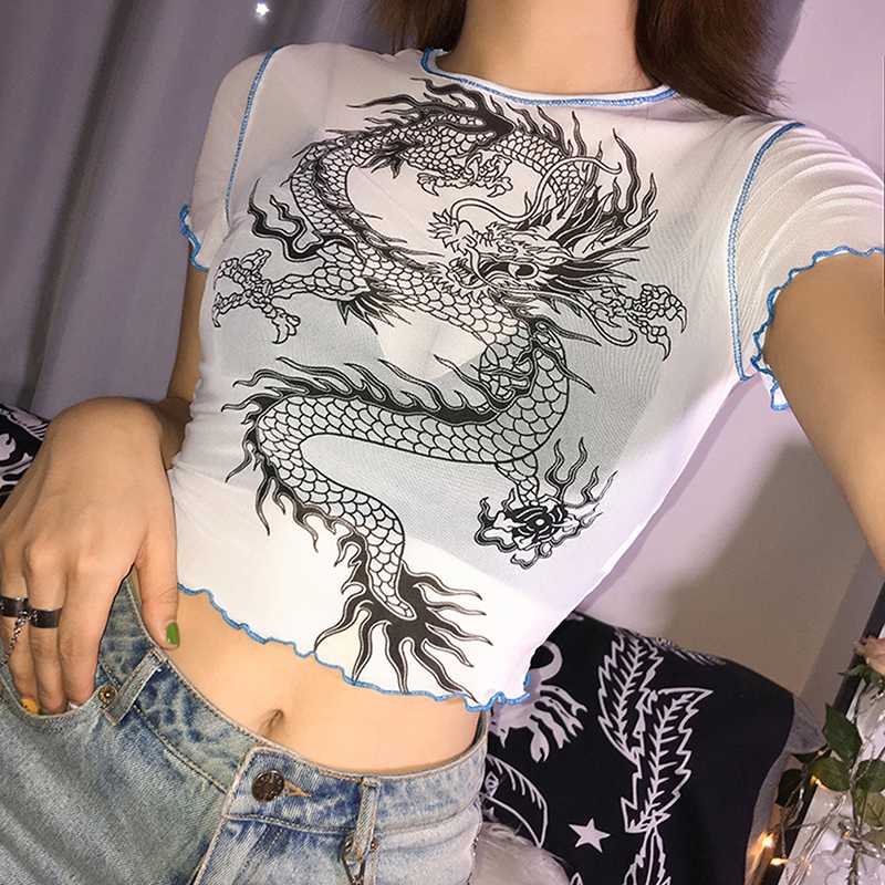 2020 New Women See-Through Sheer Mesh Fishnet T-Shirt Crop Top Cute Dragon Printed Female Summer Mesh Tops Tee Shirt Femme, White 
2020 New Women See-Through Sheer Mesh Fishnet T-Shirt Crop Top Cute Dragon Printed Female Summer Mesh Tops Tee Shirt Femme, White