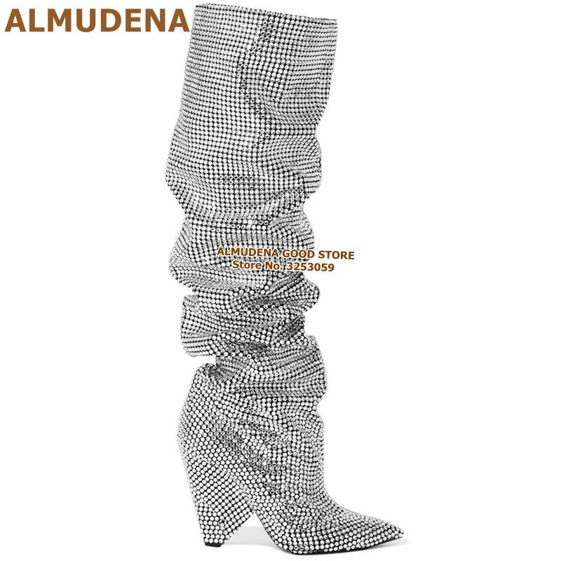 ALMUDENA Silver Bling Bling Crystal Tall Boots Spike Heel Glittering Rhinestone Knee High Long Boots Wedge Factory Real Photo, Silver as picture
ALMUDENA Silver Bling Bling Crystal Tall Boots Spike Heel Glittering Rhinestone Knee High Long Boots Wedge Factory Real Photo, Silver as picture