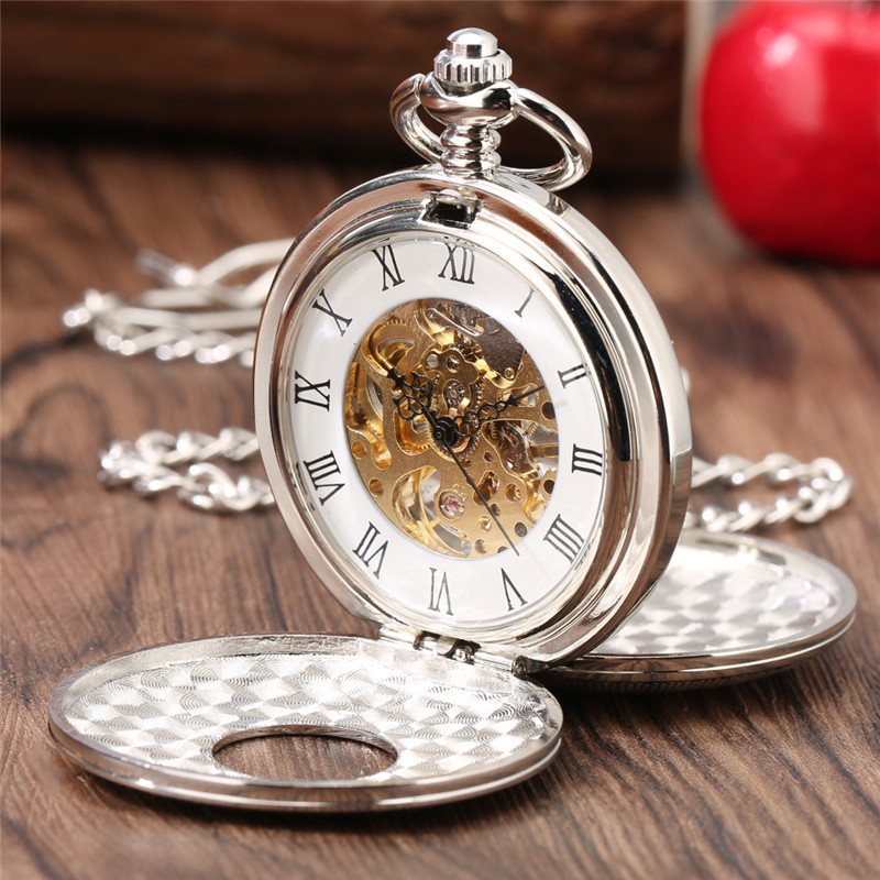 Retro Vine Silver Pocket Watch Men Women Handwinding Mechanical Timepiece Skeleton Double Hunter Pendant FOB Chain Reloj de bol249B