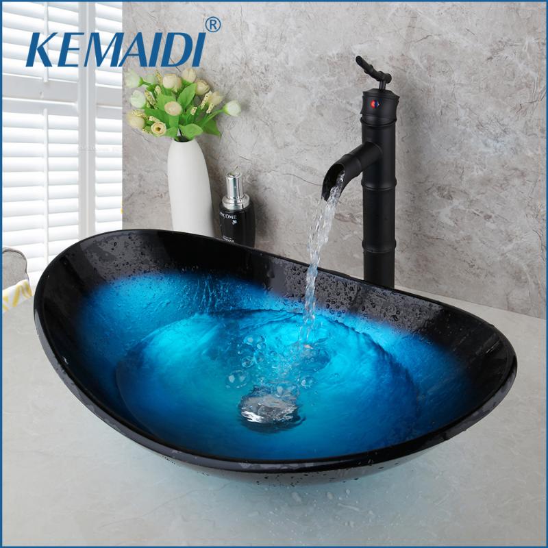 

KEMAIDI Round Taps Bathroom Glass Basin Sink Faucet Vessel Drain Combo Set Counter Top Water Mixer Vanity Stream Spout
