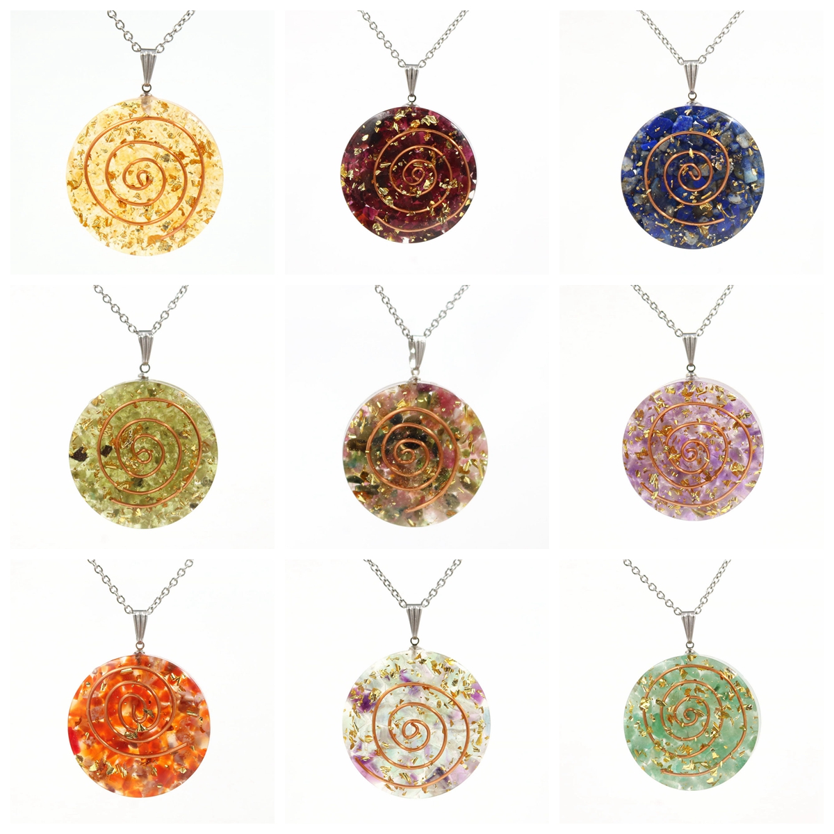 QIMOSHI Raw Quartz Round Coin Pendant Yoga chakra Necklace for Women Men Stone Crystal Circle Disc Pendants Jewelry