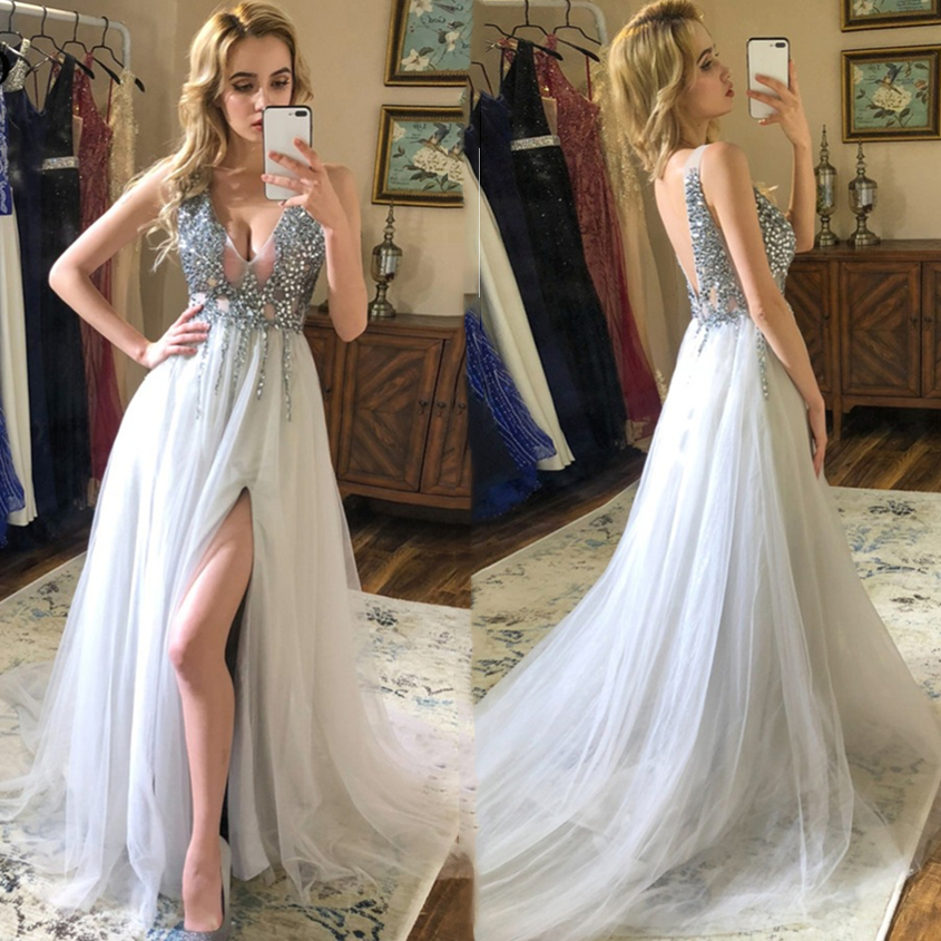 2021 Major Beading Silver Prom Dresses A Line Sexy Backless V Neck Straps Women Girls Formal Evening Gowns Plus Size Tulle Pageant Dress