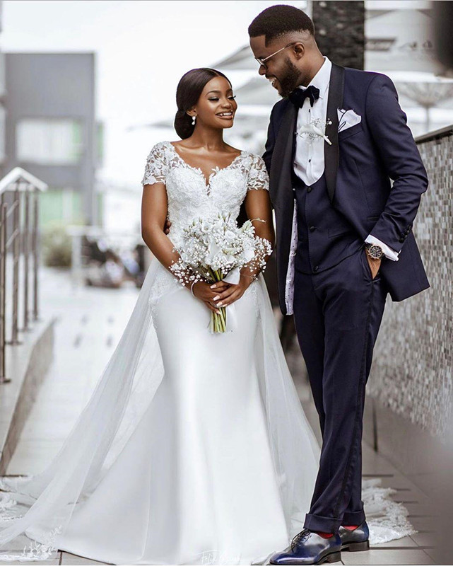 Arabic Aso Ebi Mermaid Wedding Dresses with Detachable Train 2021 Lace Stain V-neck Princess Bride White Dress Vestidos playa