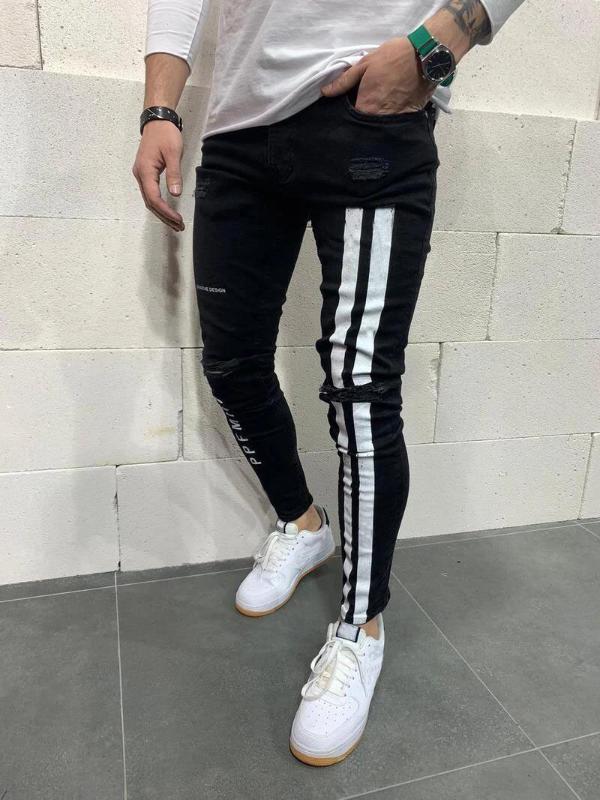 Trendy Men Skinny Jeans Biker Destroyed Frayed Fit Denim Ripped Denim Pants Side Stripe Pencil Pants Hip Hop Streetwear, Stripe blue
Trendy Men Skinny Jeans Biker Destroyed Frayed Fit Denim Ripped Denim Pants Side Stripe Pencil Pants Hip Hop Streetwear, Stripe blue