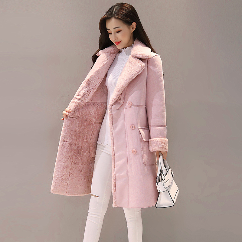 LUZUZI Suede Fur Women's Winter Jacket Fashion Thick Faux Sheepskin Long Coat Female Autumn Overcoat Solid Warm Trench Coats