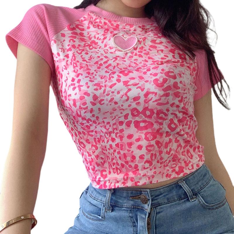Women Short Sleeve Leopard Print T-shirt Summer Fashion Heart Embroidery Crop Top, Pink
Women Short Sleeve Leopard Print T-shirt Summer Fashion Heart Embroidery Crop Top, Pink