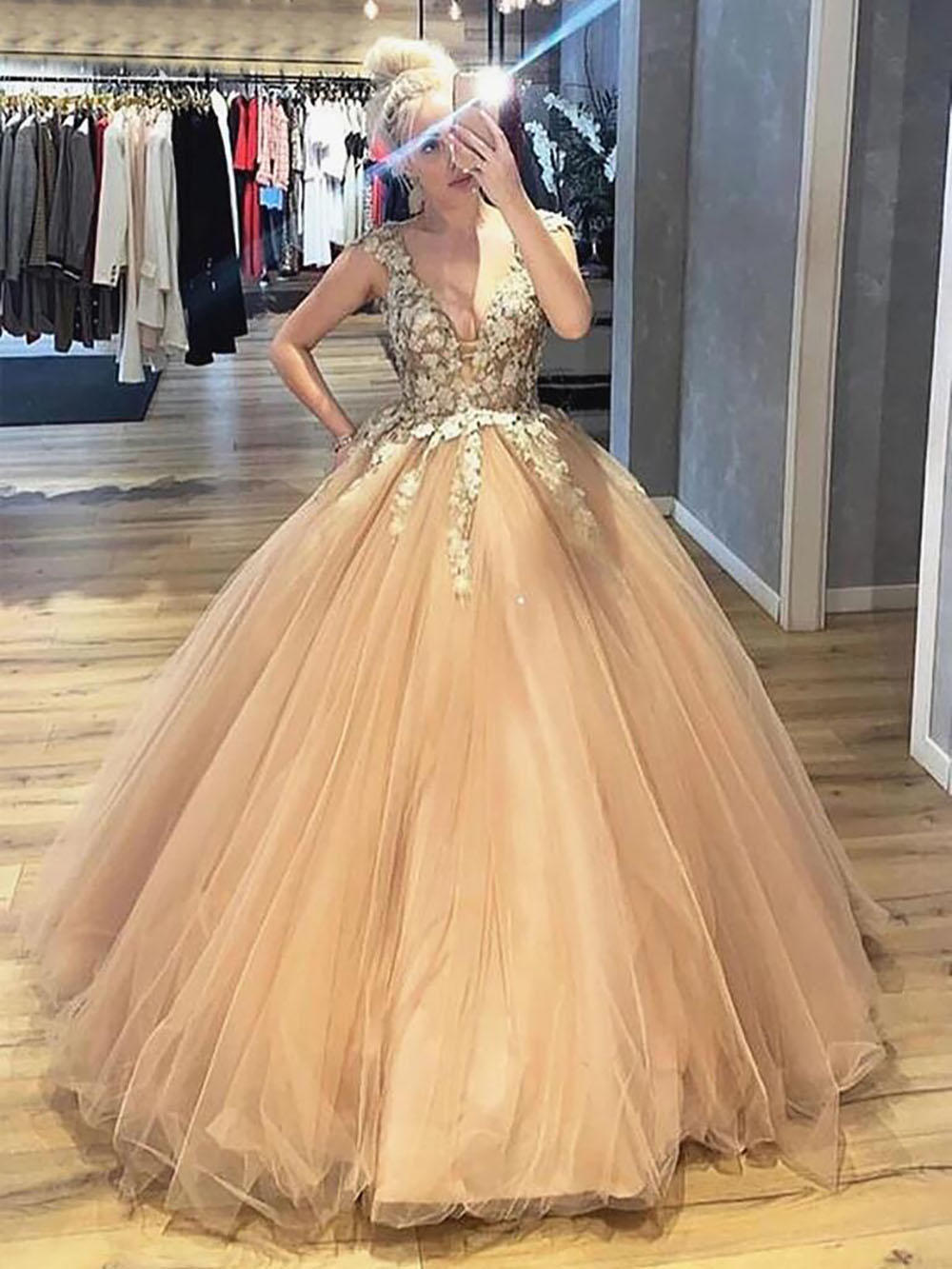New Customize New Customize V Neck Lace Champagne Prom Dresses Long Appliques Lace Ball Gown Tulle Evening Gowns Dress Prom