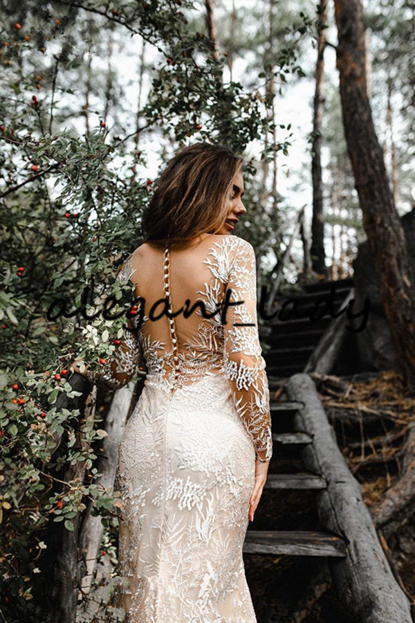 Forest Nude Champagne Mermaid Wedding Dresses 2021 V-neck Lace Applique Bohemian rustic country wedding gowns bestidos de novias