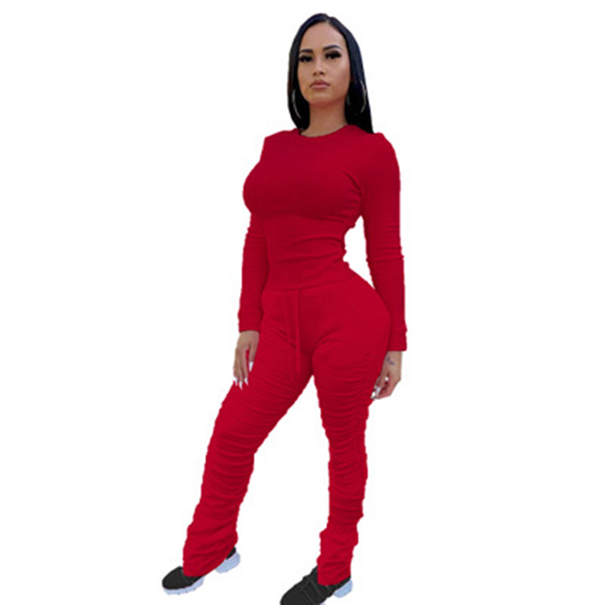 Spot Pants European and American spring summer women's fashion pleated solid color long sleeve suit