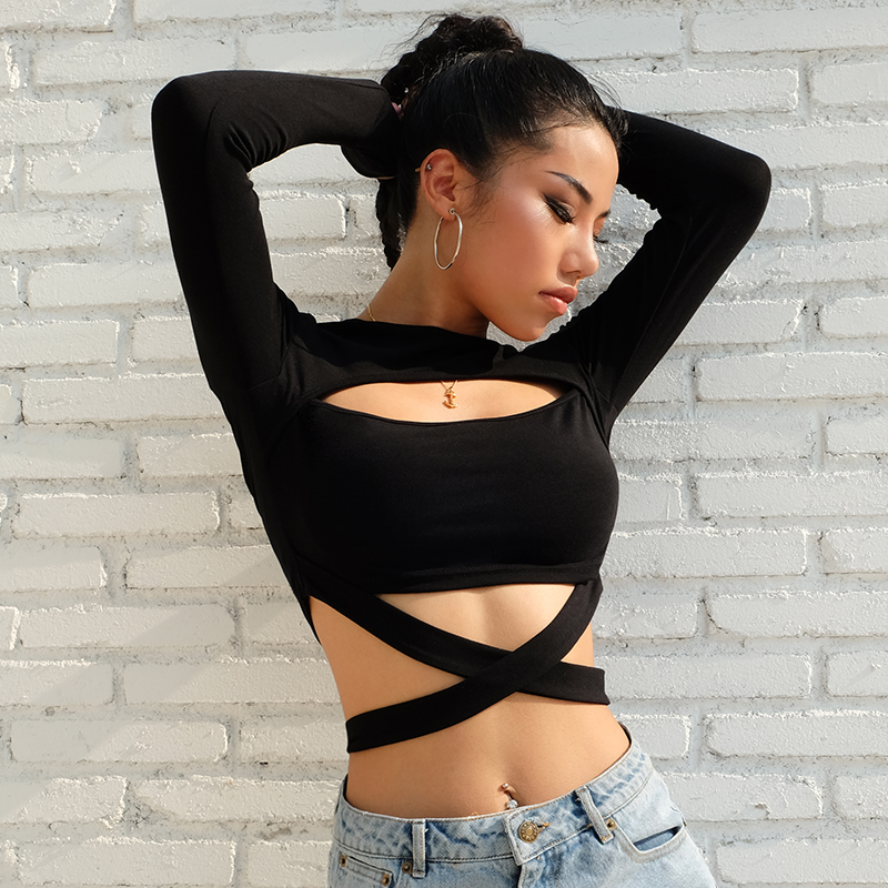 Rapwriter Sexy Hollow Out Waist Cross Cotton Long Sleeve Crop Tees Women Streetwear ONeck Skinny Skinny TShirt feminina