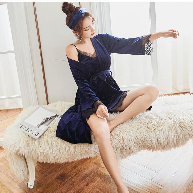 Sexy Women Long Sleeve Lace Home Wear Casual Solid Velvet Spaghetti&Robe Sleepwear Winter Warm Solid 2PCS Nightgown Pajamas, Green
Sexy Women Long Sleeve Lace Home Wear Casual Solid Velvet Spaghetti&Robe Sleepwear Winter Warm Solid 2PCS Nightgown Pajamas, Green