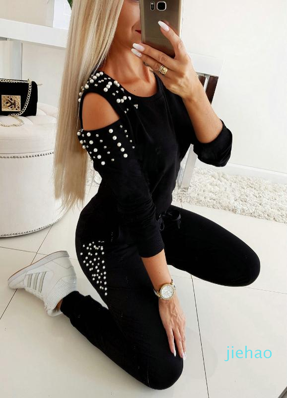Fashion- Women's Jogger Tracksuit 2020 Spring Winter Casual Tracksuit 2Pcs Sets Long Cold Shoulder Beading Sweatshirt Tops And Pant