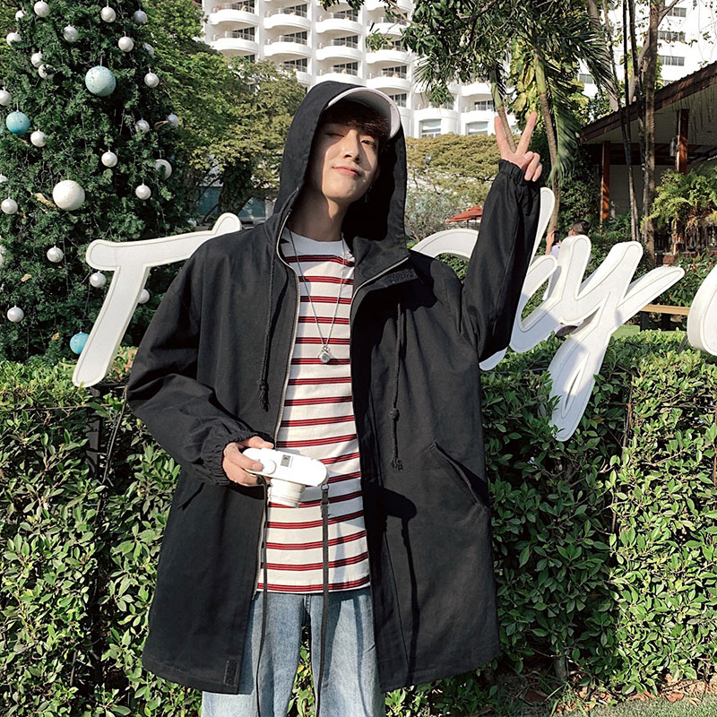 Windbreaker men' long Korean version of the handsome tide card 2019 spring new leisure students with a hat loose coat, Black
Windbreaker men' long Korean version of the handsome tide card 2019 spring new leisure students with a hat loose coat, Black