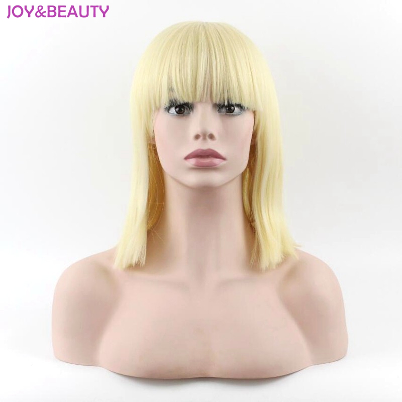 

JOY&BEAUTY Hair Heat Resistant 30cm Short straight Wig Golden Color Neat bang Short Synthetic Hair For Women Wig, As pic