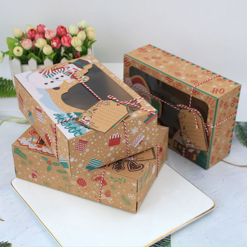 24 pcs New Kraft Paper Box Kraft Paper Large Christmas Candy Box PVC Window Biscuit Gingerbread Christmas Decorations