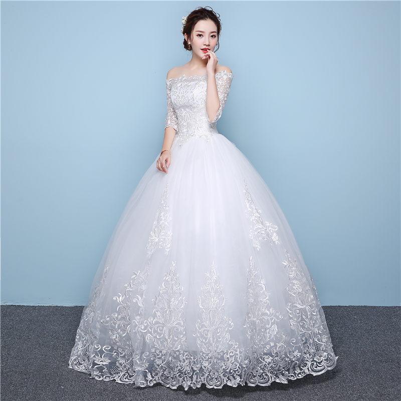 White Lace Boat Neck Half Sleeve Fashion Simple Wedding Dress Gowns Hiqh Quality Floor Length Big Embroidery Off the shoulder