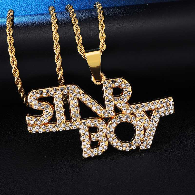 HIP Hop Gold Color Letters Words Bling Full Rhinestoned Iced Out Rope Chain Pendants & Necklaces for Men Jewelry