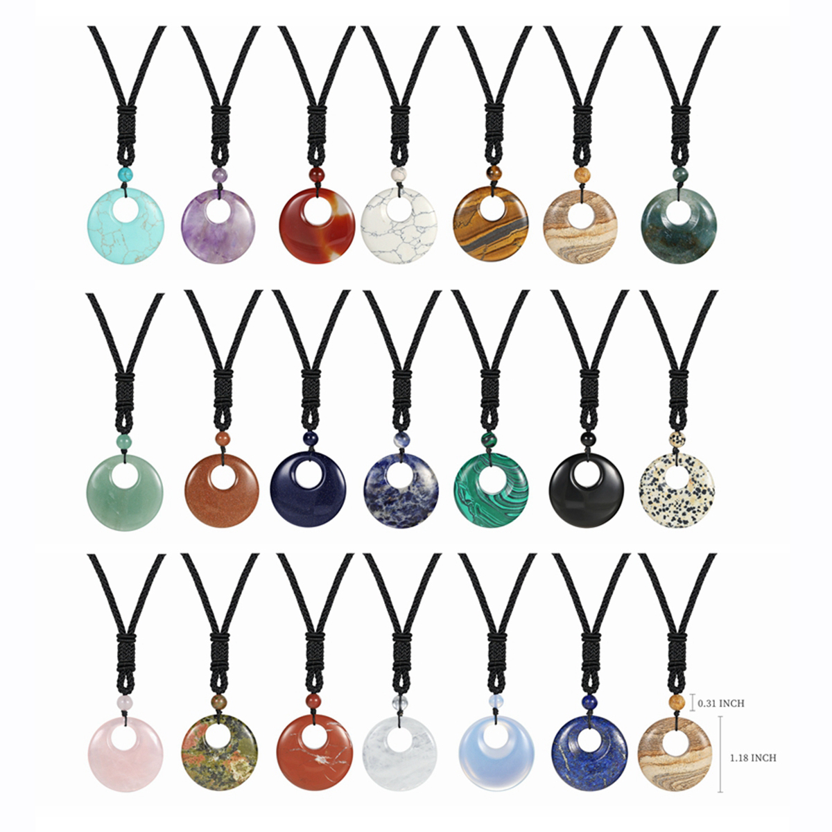 Natural Stone Lucky Coin Pendant Necklace for Women Men Reiki Healing Round Donut Crystal Jewelry Adjustable Braided Cord
