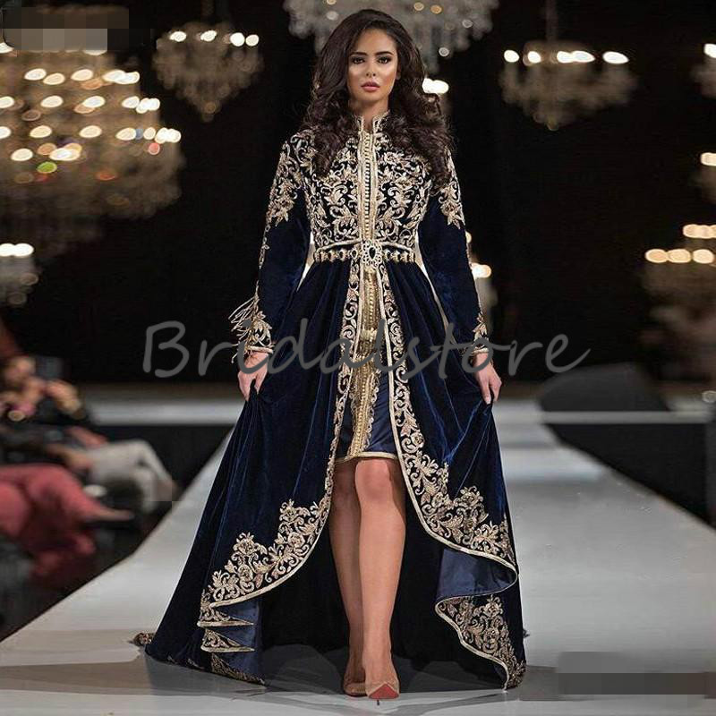 New Moroccan Caftan Evening Dresses Long Sleeve Lace Appliques Muslim Arabic Formal Prom Dress 2020 Velvet High Low Dubai Abaya Evening Gown