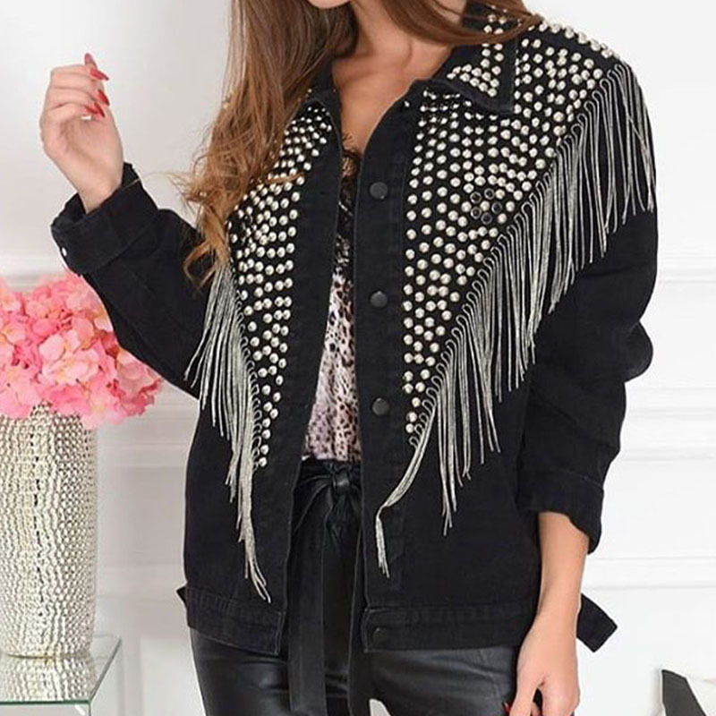 Women Denim Jakcet Rivet Tassel Jean Jackets Turn Down Collar Single Breasted Female Coats 2020 Ladies Streetwear Trending Tops CX200811
