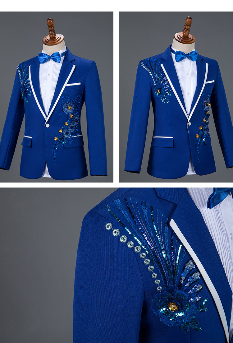 Royal Blue Sequin Embroidery Suit Men Wedding Groom Tuxedo Suits Pants Mens One Button Peak Lapel Stage Costume Traje Hombre 2XL 200922