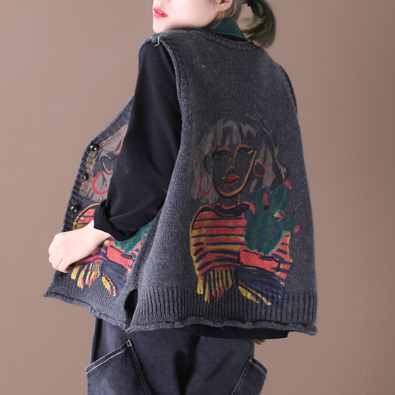 Female new autumn Korean style plus size literary cartoon printing retro distressed loose knitted sweater vest, Gray
Female new autumn Korean style plus size literary cartoon printing retro distressed loose knitted sweater vest, Gray