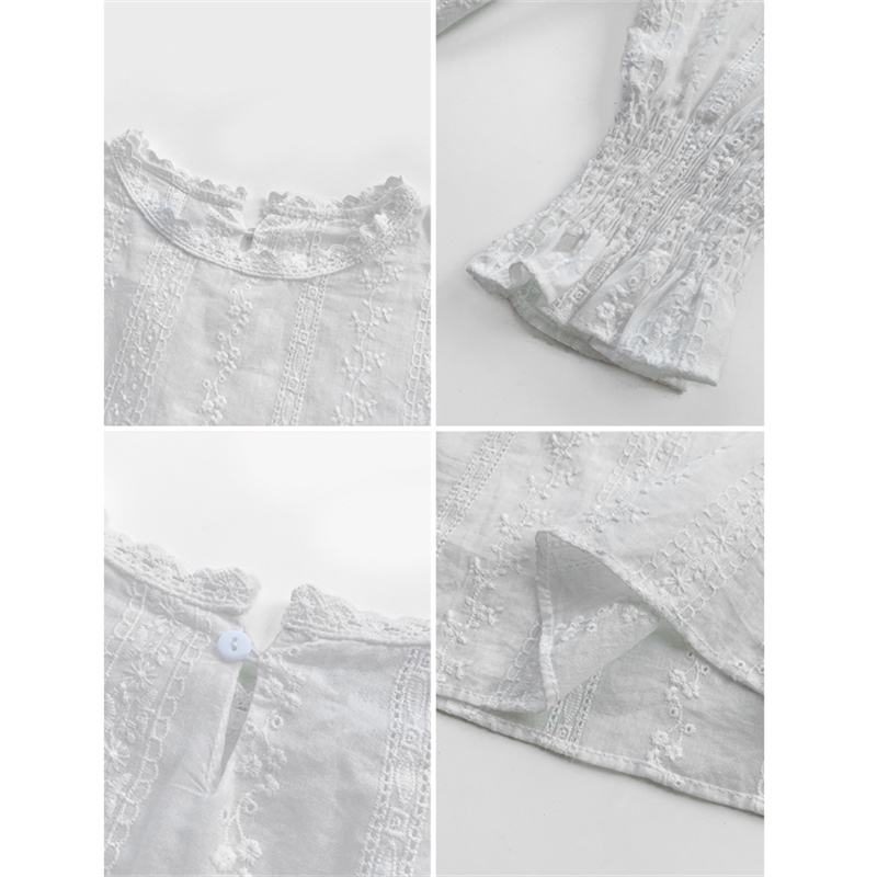 Dingaozlz Vintage style lace shirt Flare sleeve Hollow out White blouse Casual clothing New fashion Women lace Tops Blusa 200925