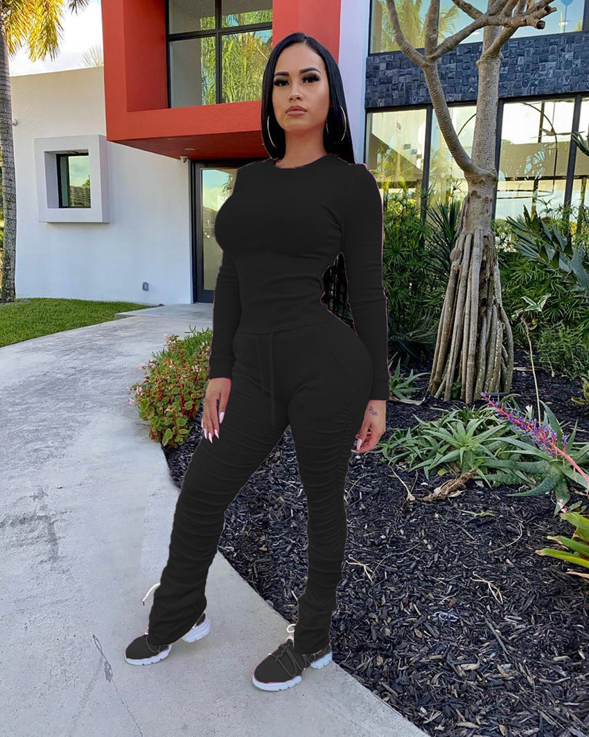 Spot Pants European and American spring summer women's fashion pleated solid color long sleeve suit
