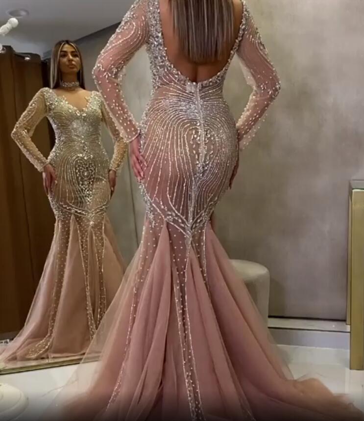 arabic aso ebi champagne luxurious mermaid evening dresses beaded crystals prom dresses sexy formal party second reception gowns zj055