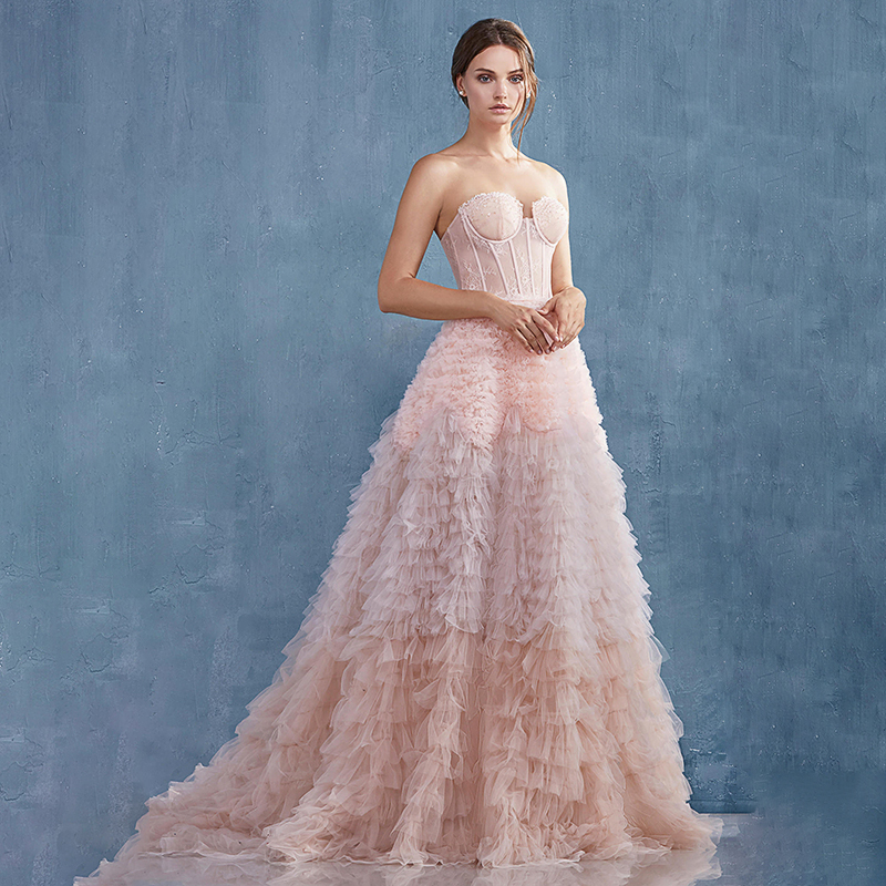 5773 in stock Tulle Evening Dresses with Sweetheart Sleeveless Ruffle Peplum Celebrity Formal Party Gowns Myriam Fares Cheap Prom Wear Sale