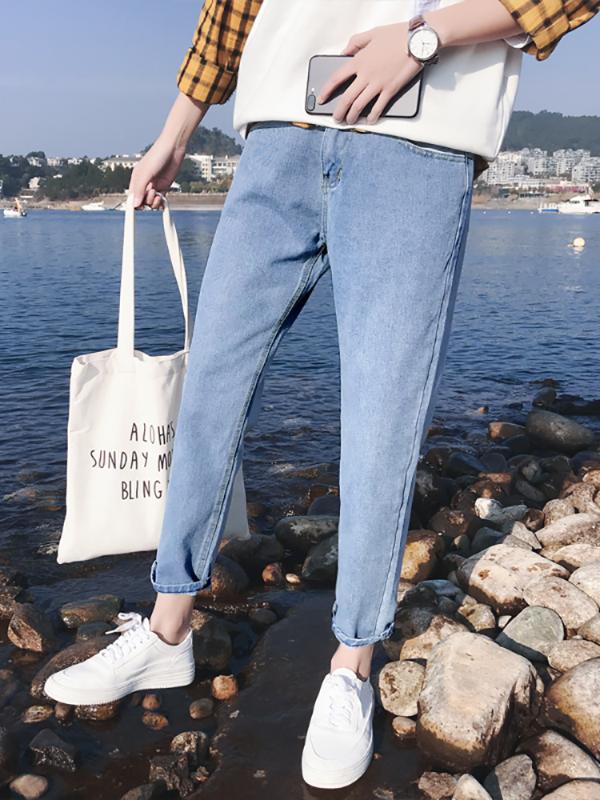 Hong Kong style autumn new straight jeans men' Korean version loose wild Harajuku style bf student nine-point pants, Dark blue 
Hong Kong style autumn new straight jeans men' Korean version loose wild Harajuku style bf student nine-point pants, Dark blue