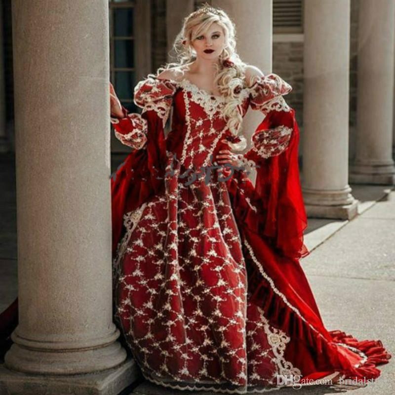 Fantasy Red Queen Gothic Wedding Dresses Halloween Medieval Country Garden A Line Wedding Dress With Lace Long Sleeves Corset Bridal Gowns