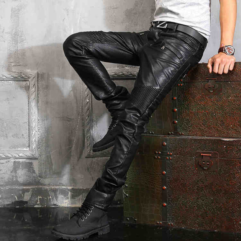 New France Style Mens Ripped Moto Pants Ribbed Skinny Black PU Leather Biker Slim Trousers Pencil Pants Size 29-401