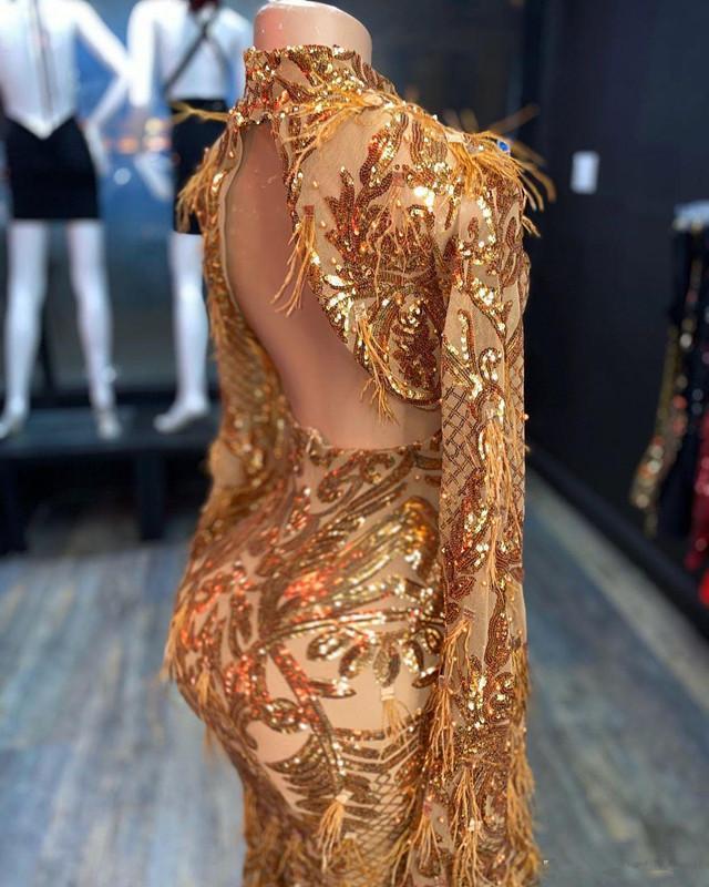 Gold Arabic Mermaid Evening Dresses with Feather High Neck Long Sleeve Beaded Sequined Prom Gowns Custom Made Formal Pageant Dress