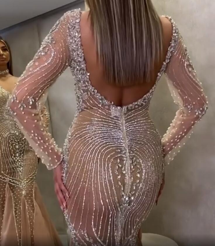 arabic aso ebi champagne luxurious mermaid evening dresses beaded crystals prom dresses sexy formal party second reception gowns zj055